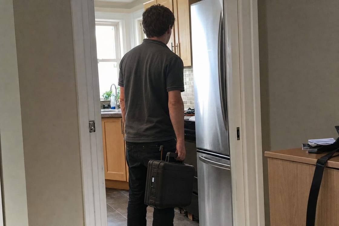 Technician standing in a Bay Area kitchen with a hard tool case in hand, facing a stainless built-in refrigerator