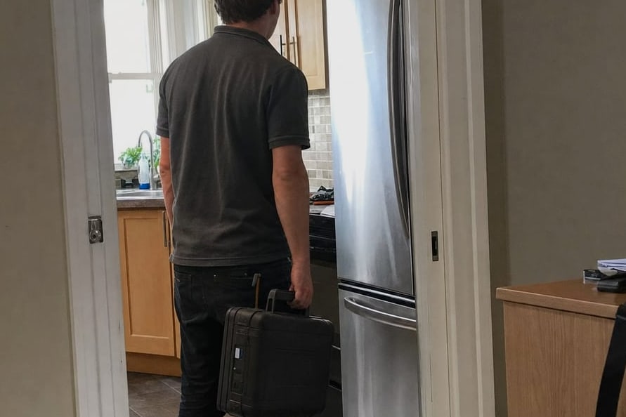 Technician in a kitchen with a tool case at his side and a stainless built-in refrigerator in front of him