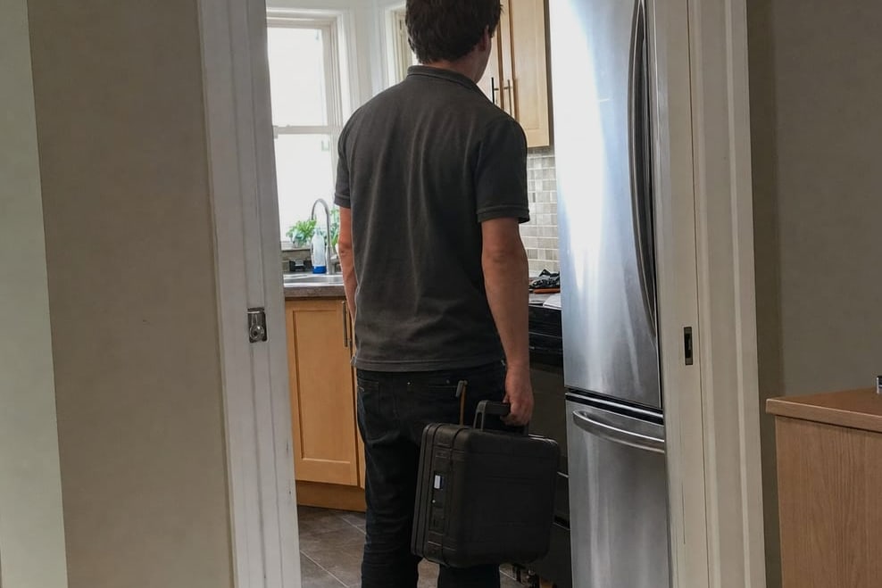 Technician standing at a stainless built-in refrigerator with a hard tool case beside him