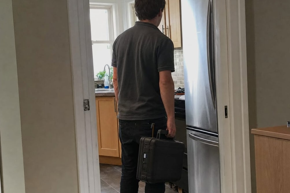 Technician in a Bay Area kitchen carrying a tool case, a stainless built-in refrigerator ahead of him