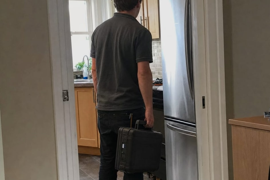 Technician seen from behind in a kitchen doorway, a hard tool case in his hand, beside a stainless refrigerator