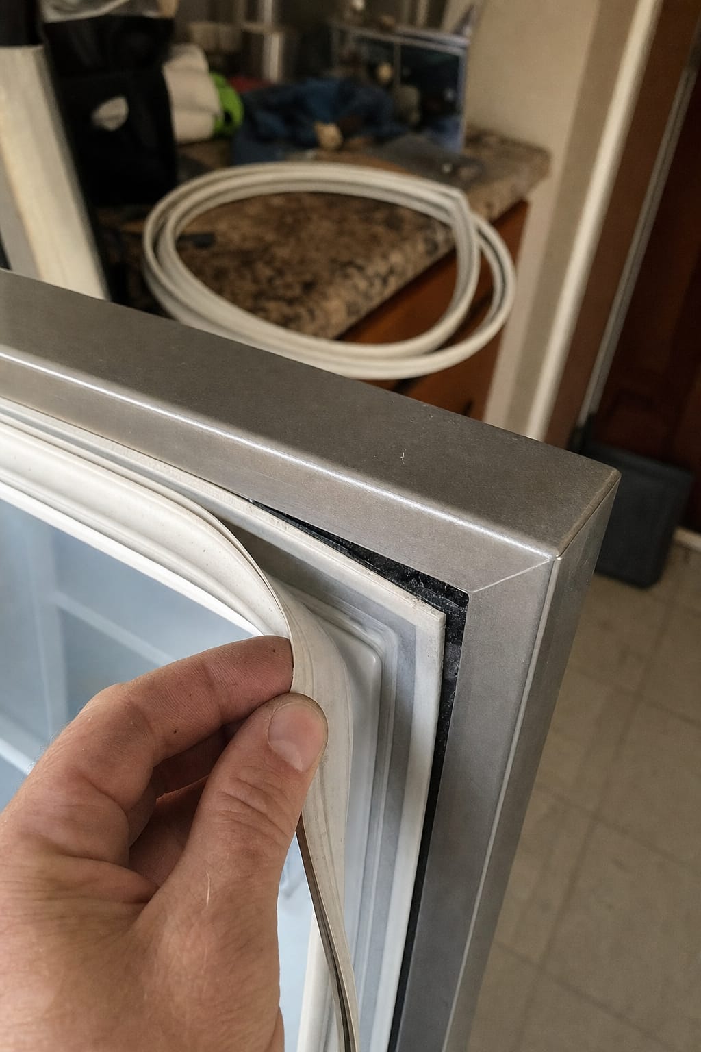 A hand seating a door gasket into the channel of a built-in door, the replacement coiled on the counter behind