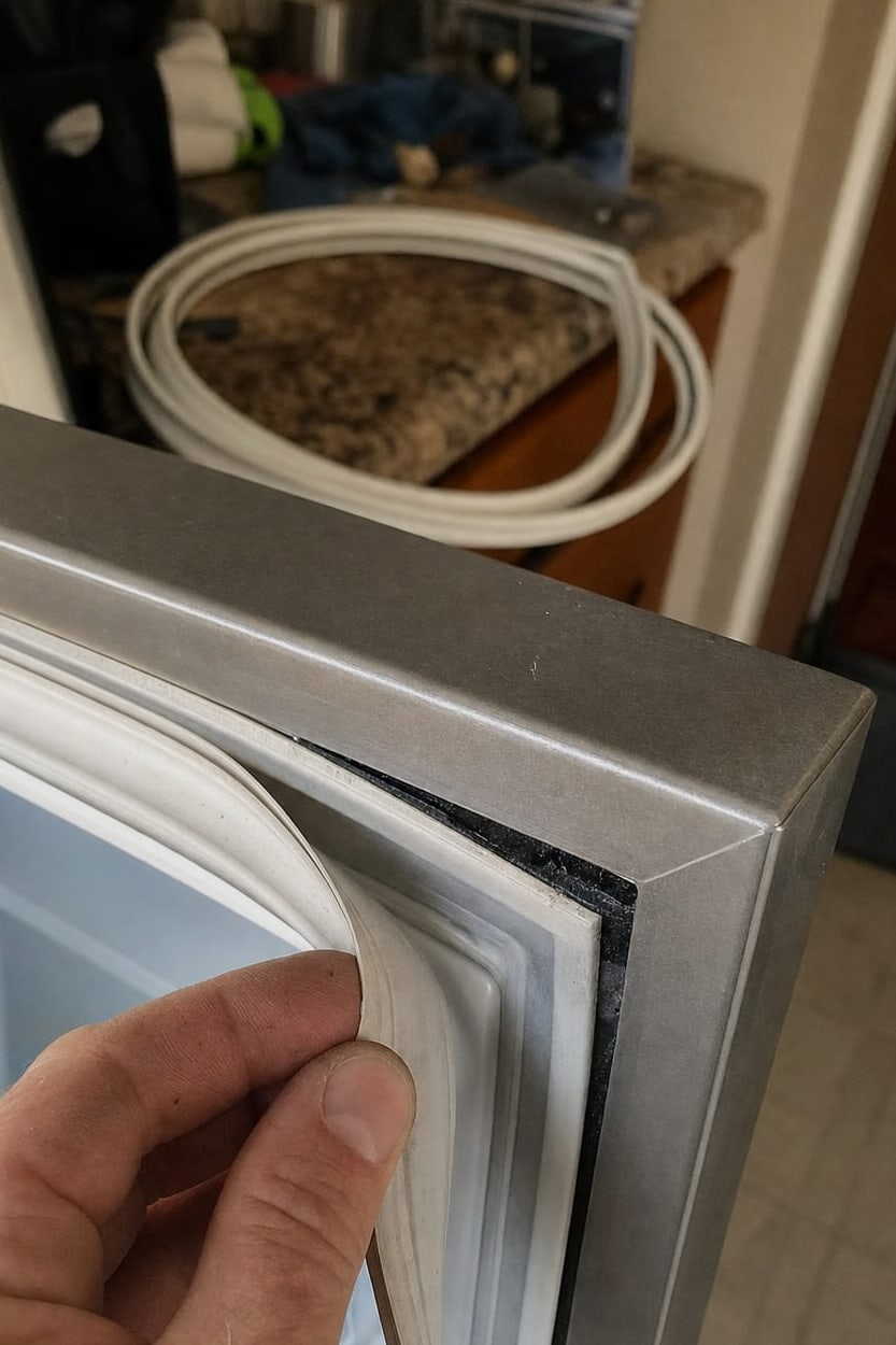 Door gasket being pressed back into its channel on a built-in refrigerator door