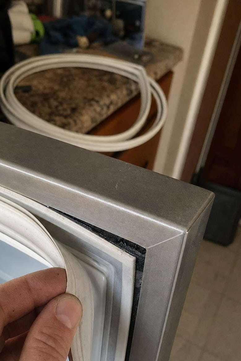 A hand working a door gasket into the channel of a built-in appliance door