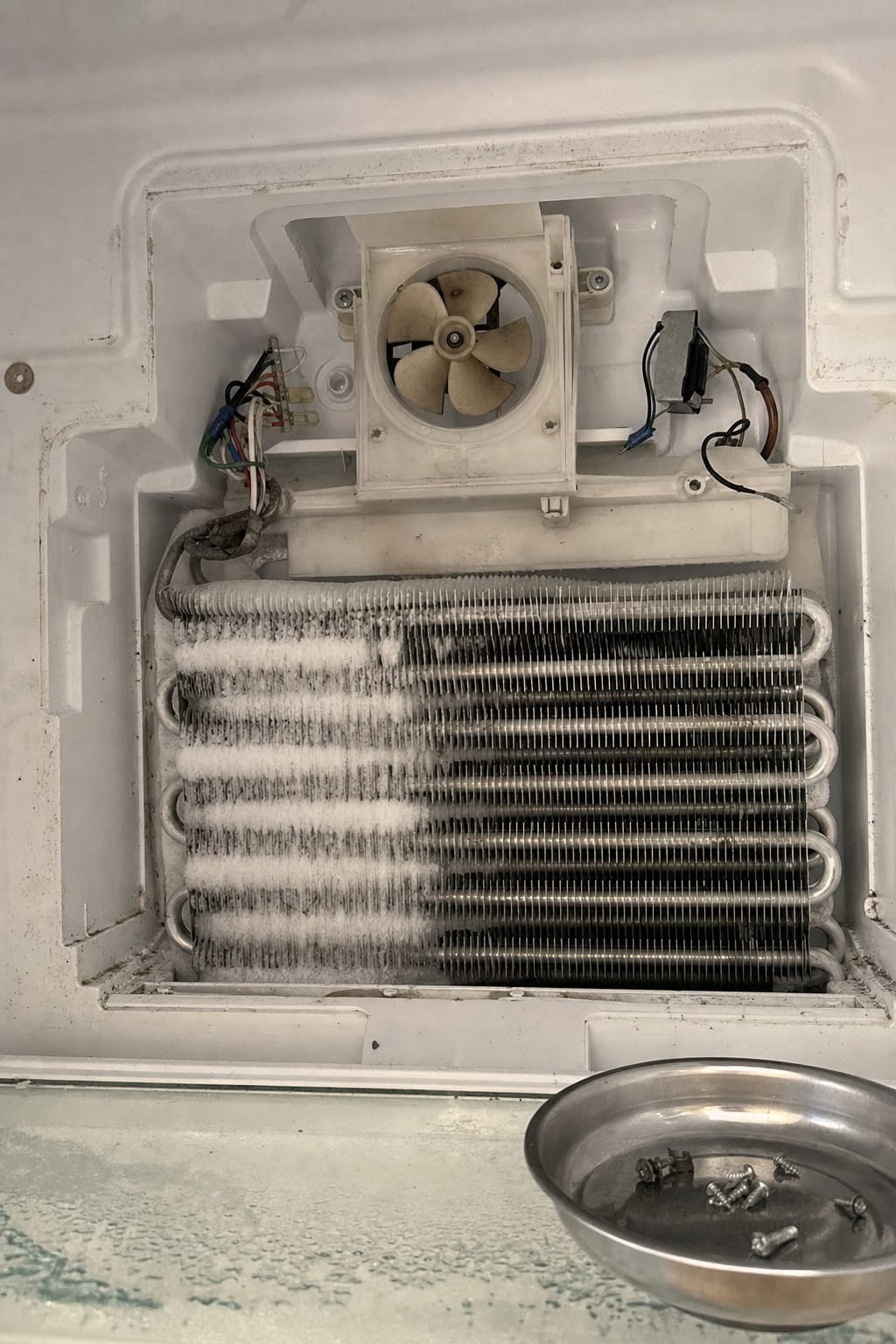 Rear evaporator panel removed showing the coil fins and the evaporator fan in the housing above them