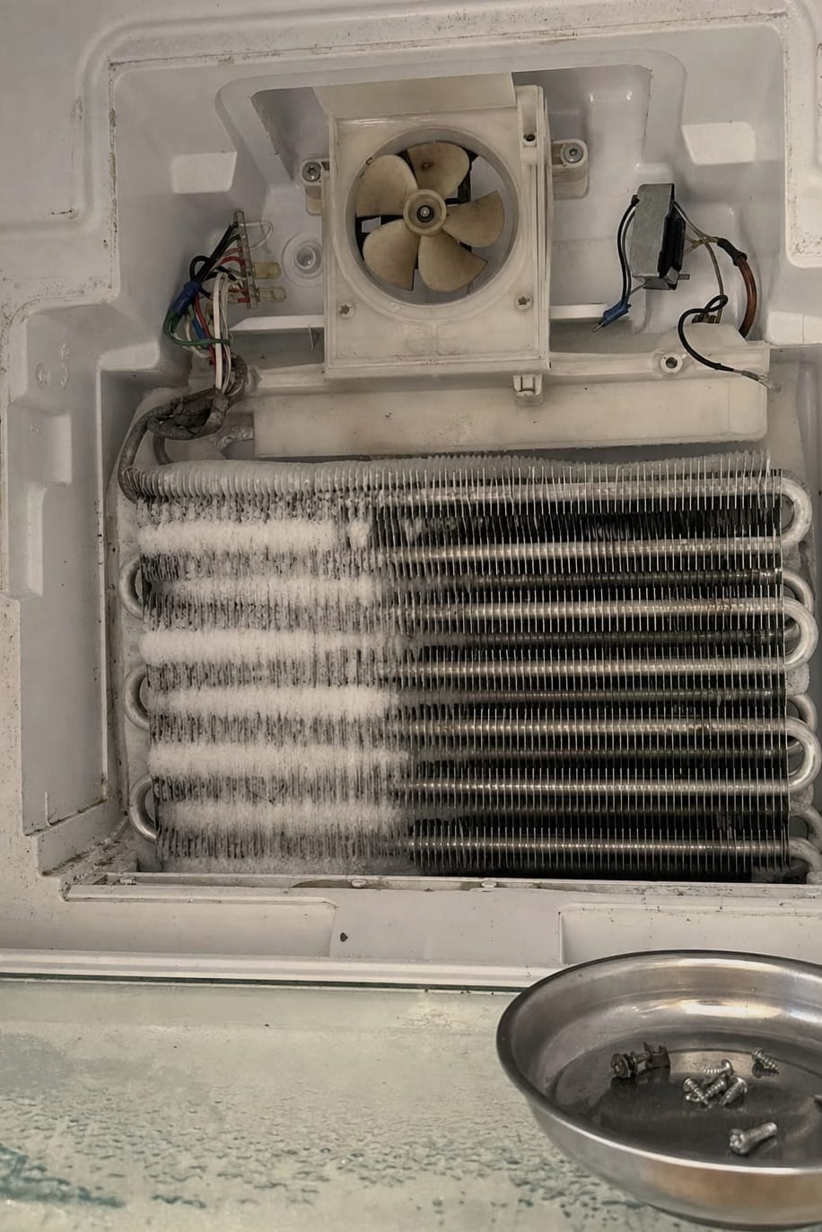 Evaporator coil exposed behind the rear panel of a refrigerator with the fan and its wiring above