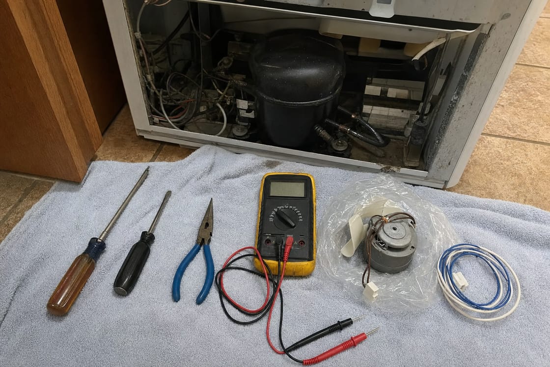 Screwdrivers, pliers and a multimeter laid out on a mat in front of a built-in refrigerator with its lower machine compartment open