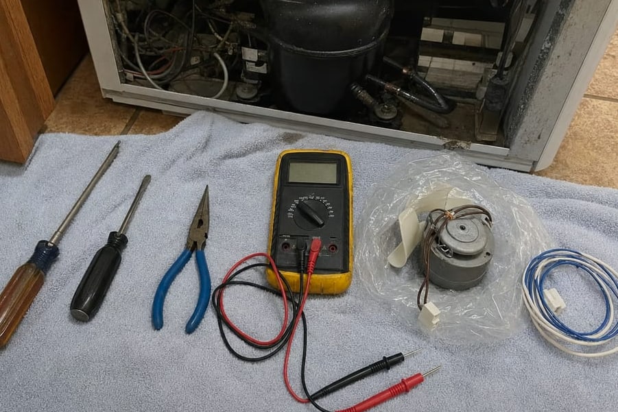 Hand tools and a multimeter with test leads laid out on a mat in front of an opened machine compartment