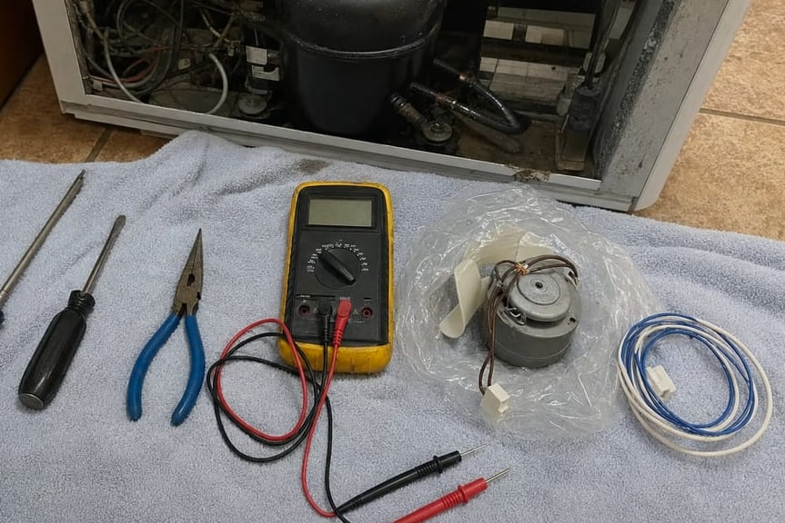Multimeter, pliers and screwdrivers on a mat in front of a built-in refrigerator with the lower panel removed