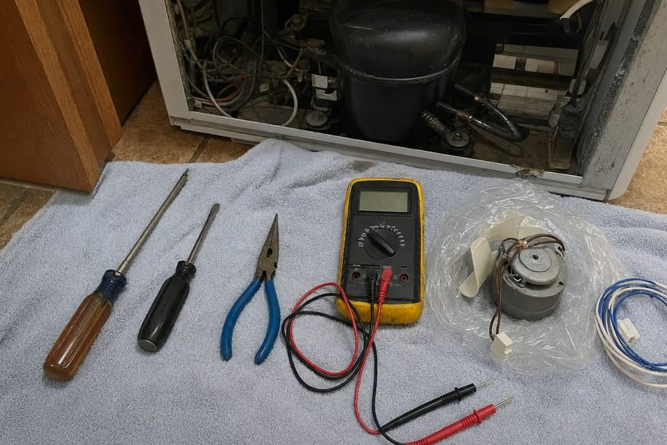 Hand tools and a multimeter laid out on a mat in front of a built-in refrigerator with its machine compartment open